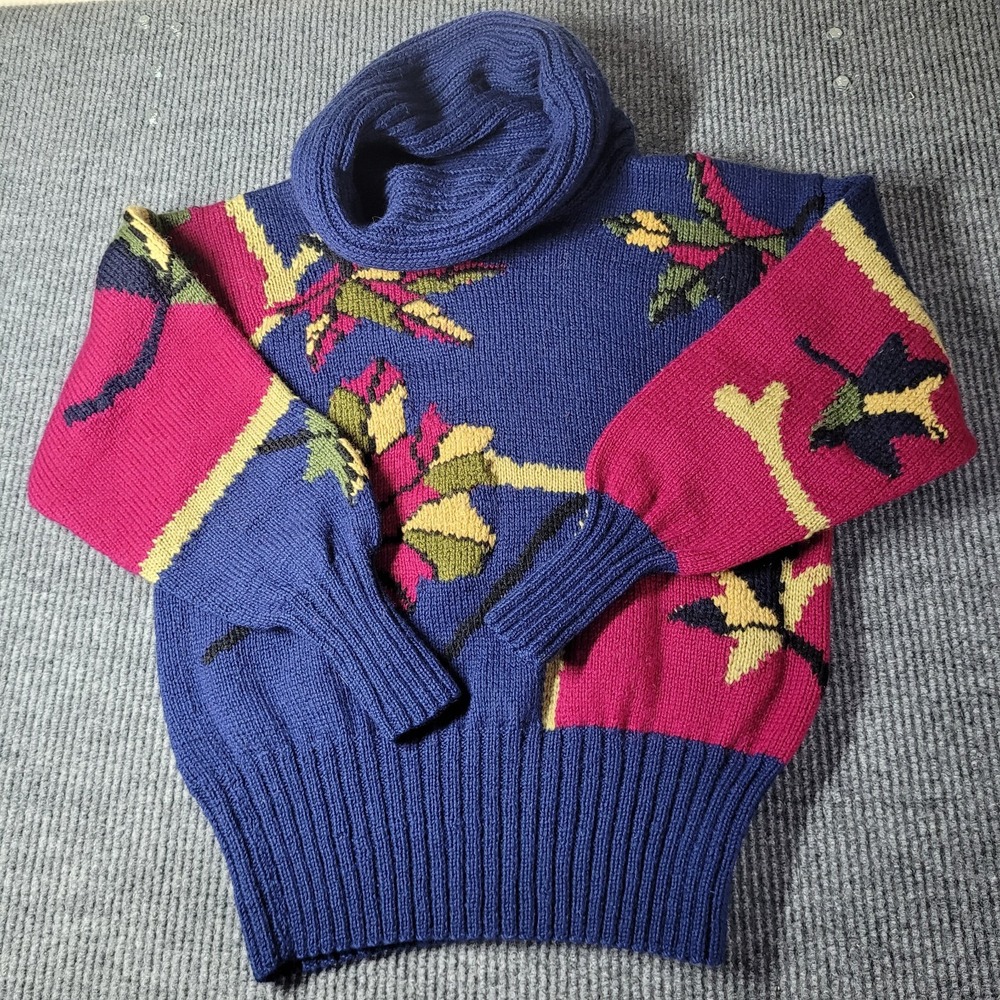 Vintage Berek Hand Knitted Big Turtleneck Floral‎ Sweater Bergdorf Goodman Sz M